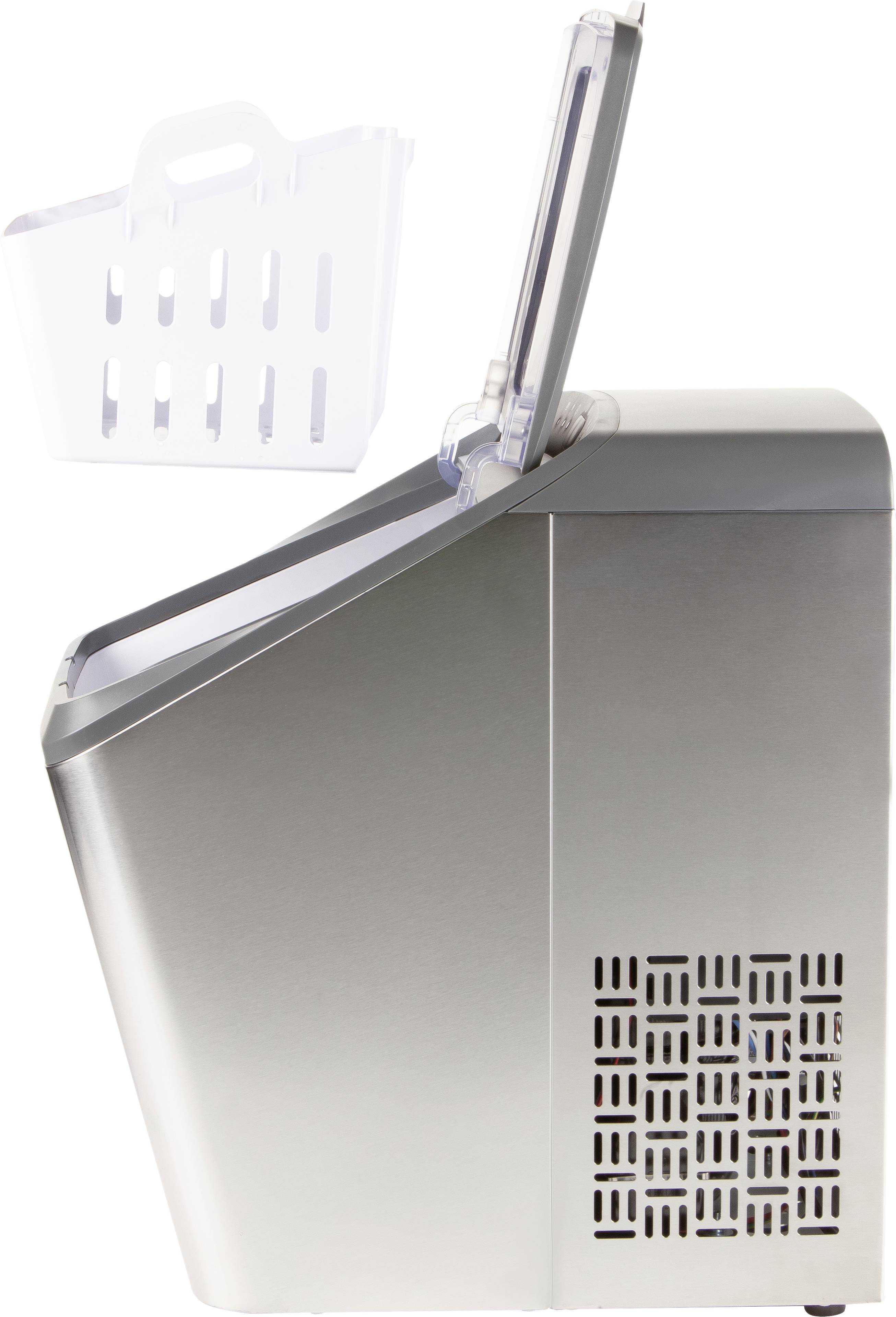 Ein Gerät zur Herstellung von Eiswürfeln aus Edelstahl mit geöffneter Klappe. Im Hintergrund ein transparenter Eiswürfelbehälter.