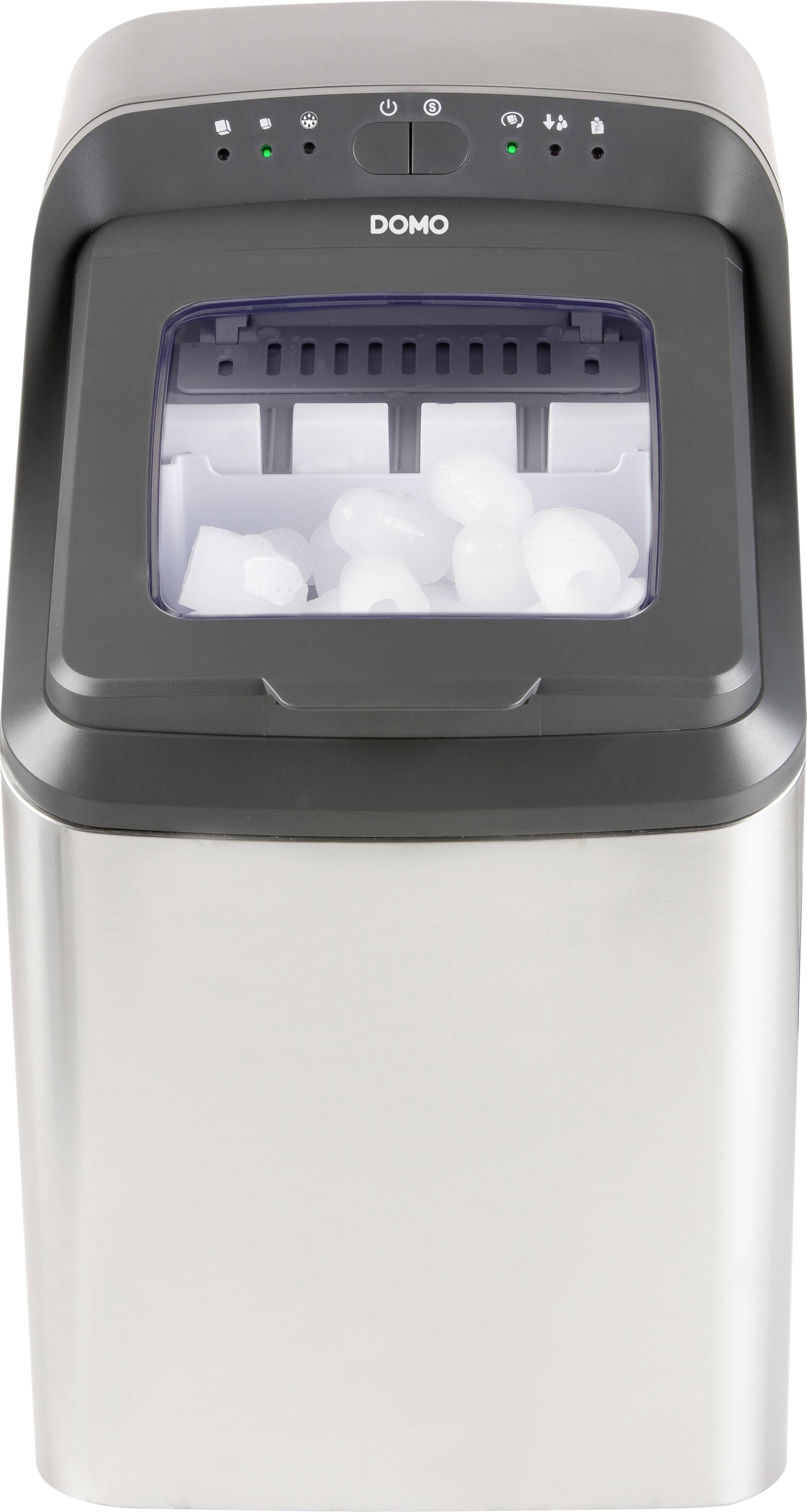 Silberfarbener, freistehender Eiswürfelbereiter mit geöffnetem Sichtfenster. Innen sind mehrere Eiswürfel sichtbar.