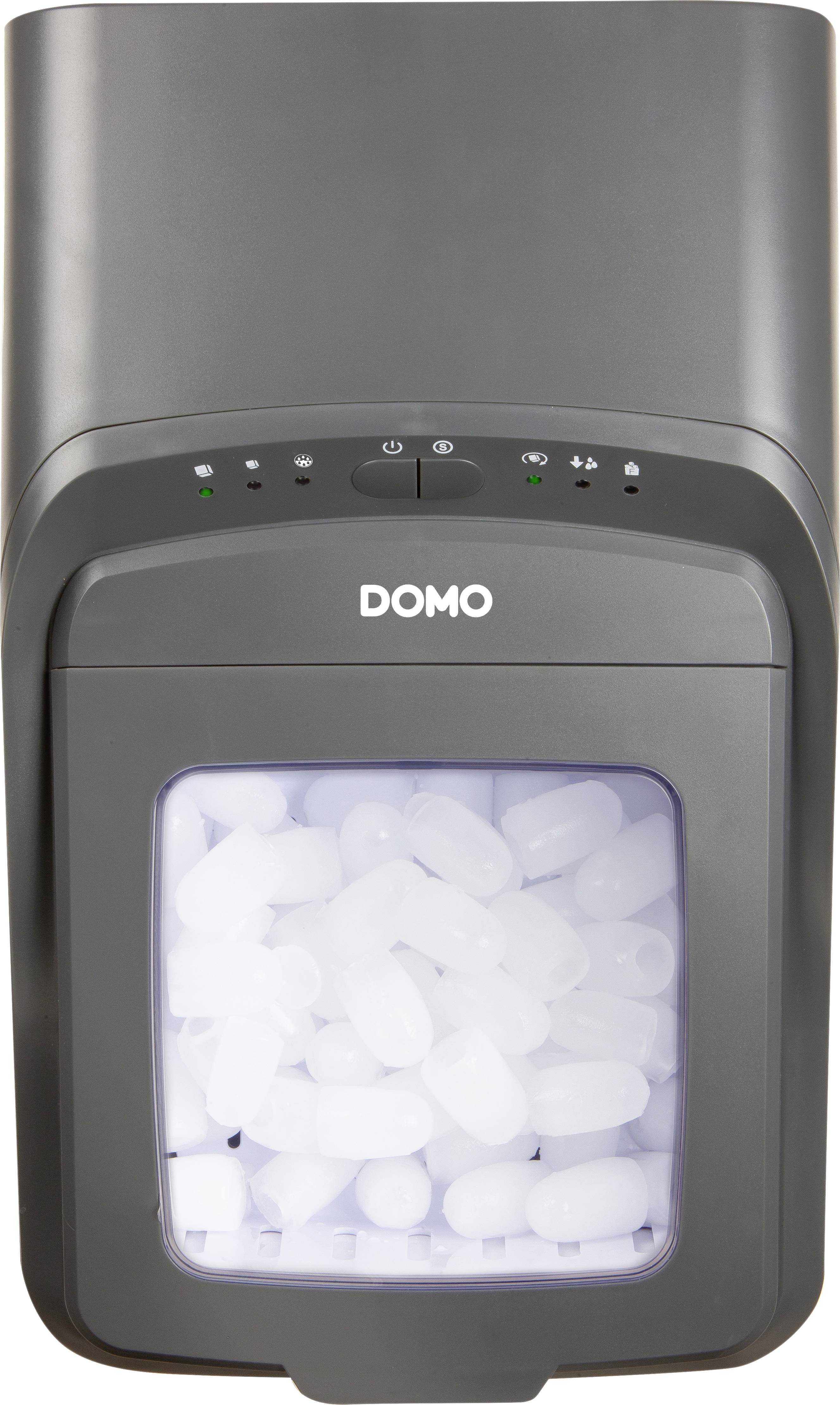 Eine graue Eismaschine, Markenname 'DOMO', mit sichtbaren Eiswürfeln im unteren Fach, geeignet für Küchen oder Büros.