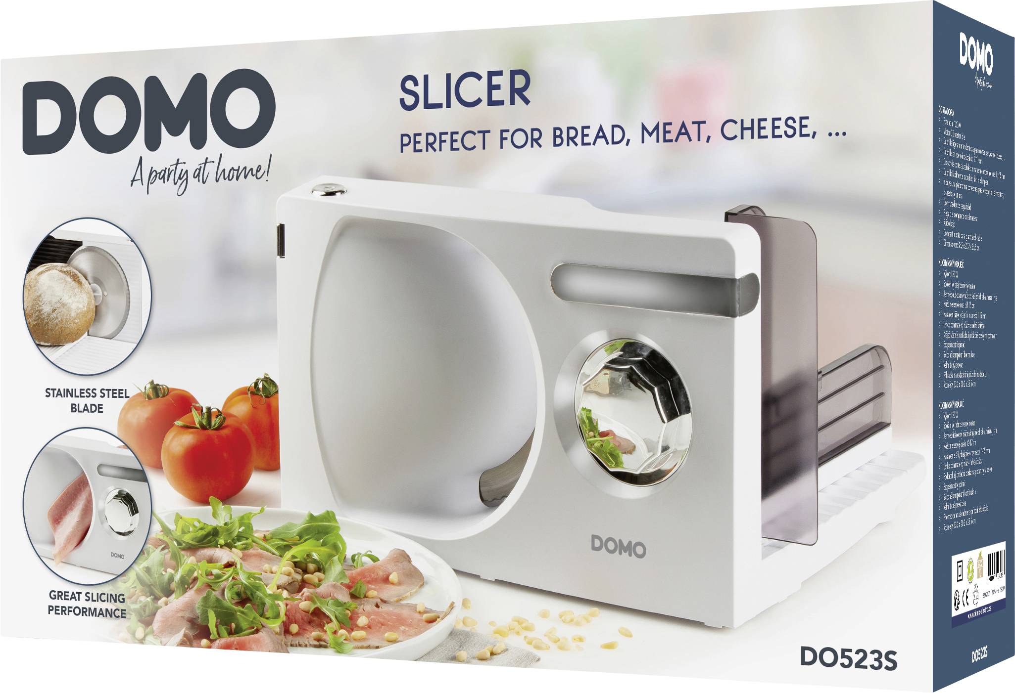 Die Abbildung zeigt eine Domo Allesschneider-Verpackung, die einen weißen Slicer mit Edelstahlklinge und geschnittenem Fleisch und Brot darstellt.