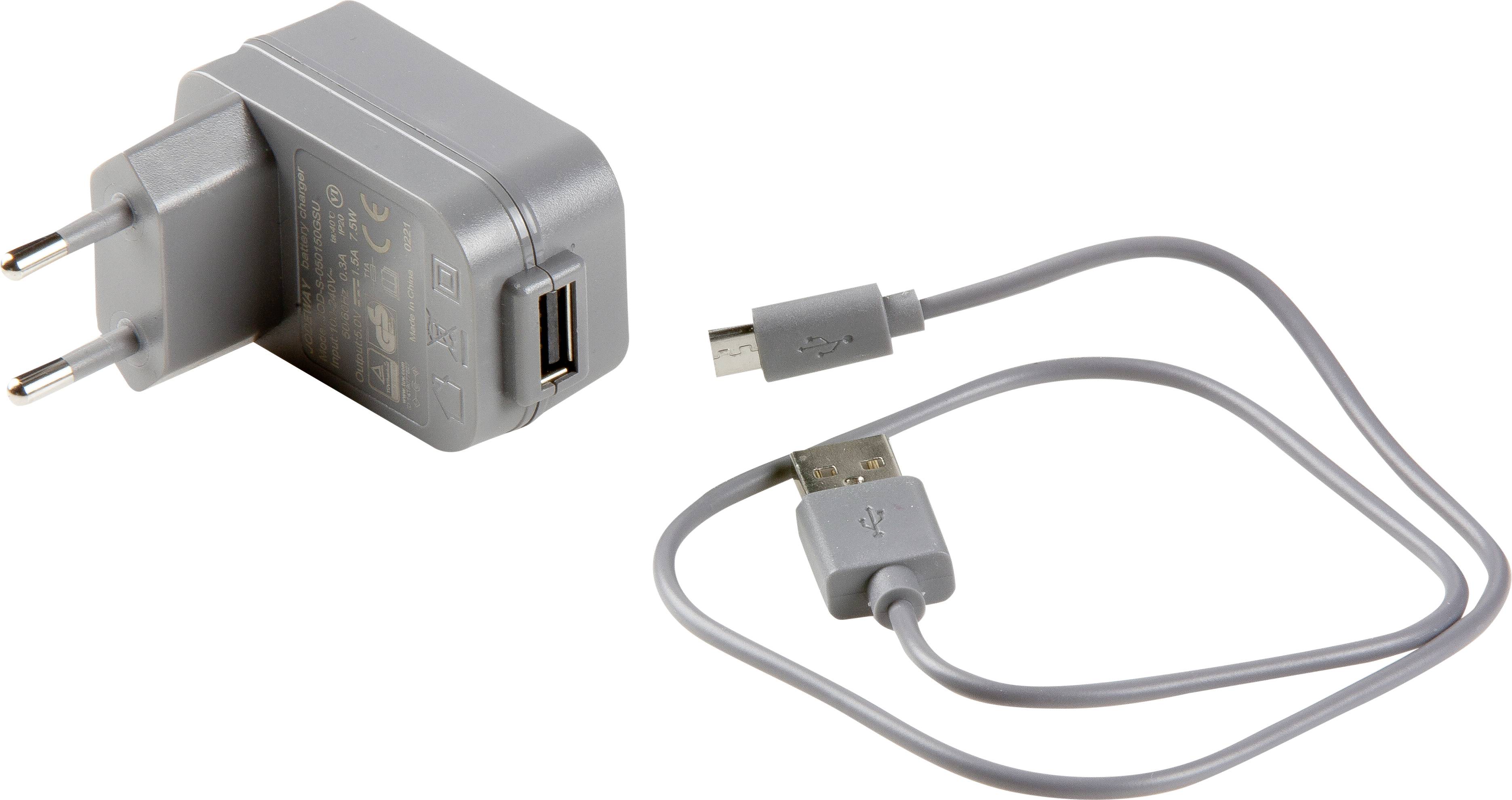 Ein graues USB-Ladegerät mit Stecker und abnehmbarer USB-Kabel mit Micro-USB-Anschluss, geeignet für elektronische Geräte.