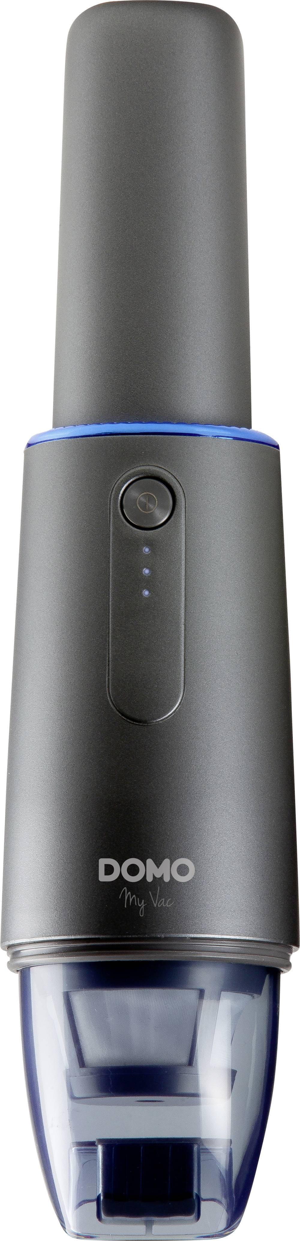 Kleiner, grauer Handstaubsauger mit transparentem Behälter und blauem Akzentlicht. Markenname 'DOMO' auf der Vorderseite.