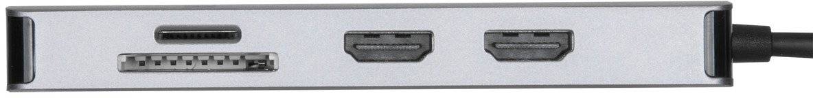 Vier Anschlüsse eines elektronischen Geräts: Ein USB-C, ein USB-A und zwei HDMI-Anschlüsse auf einer silbernen Oberfläche.