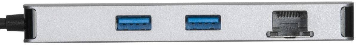 Ein Gerät mit zwei blauen USB-Anschlüssen und einem Ethernet-Anschluss, vermutlich ein Adapter oder Hub.