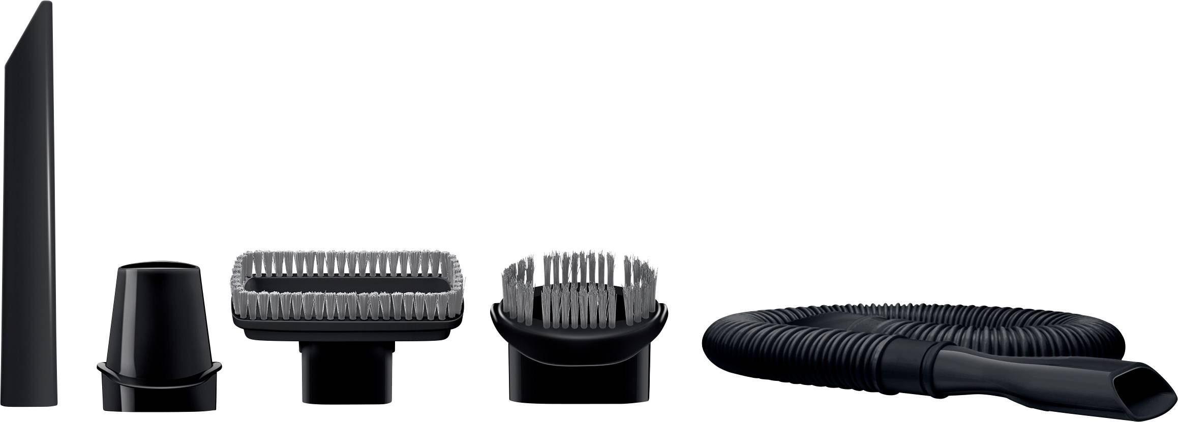Mehrere Staubsaugerdüsen und ein Schlauch: eine Fugendüse, Bürstenaufsätze und ein flexibler Schlauch, zur Reinigung geeignet.