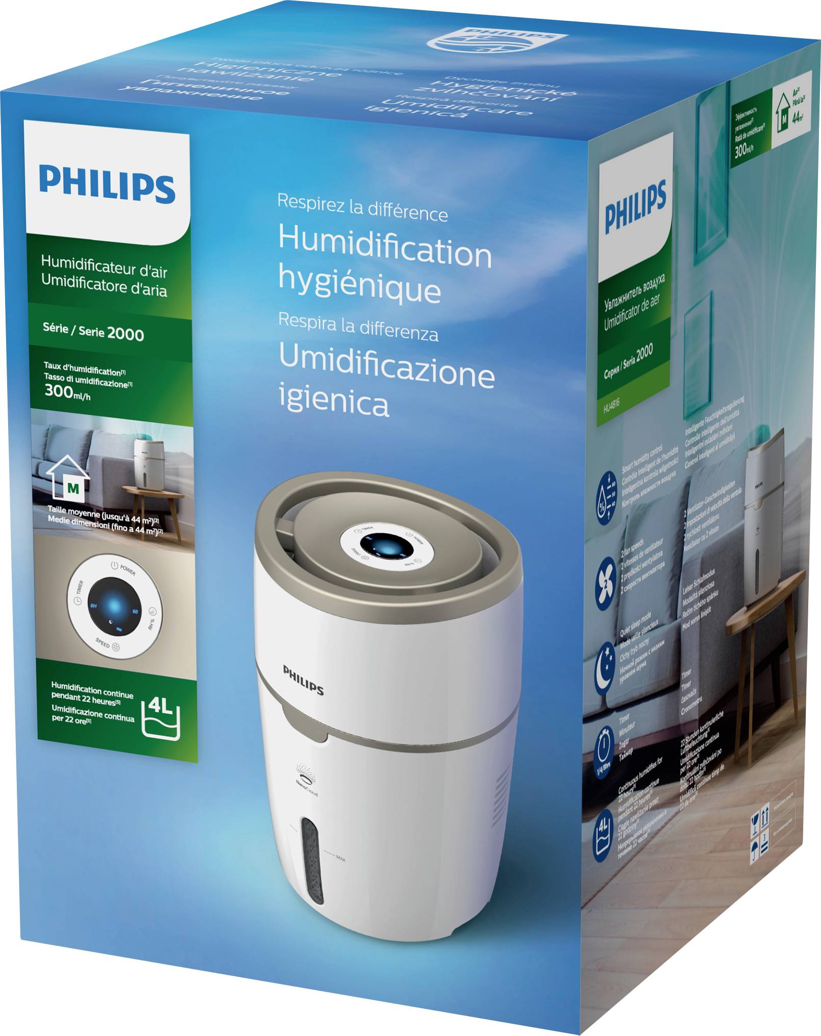Verpackung eines Philips Luftbefeuchters zeigt Modell mit feuchteregulierenden Funktionen, 4-Liter-Tank und antibakteriellem Filter.