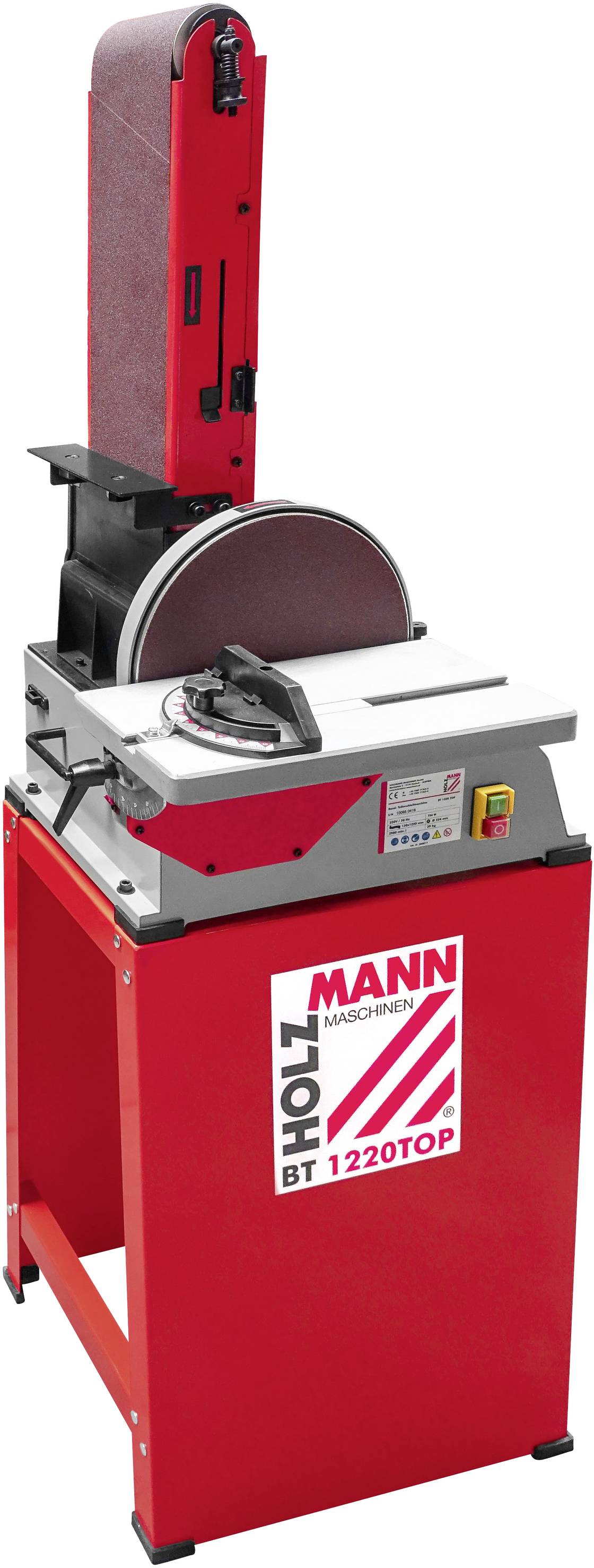 Rote Bandschleifmaschine auf einem Ständer mit der Aufschrift 'Holzmann Maschinen BT 1220TOP', geeignet für Holz- und Metallschleifen.