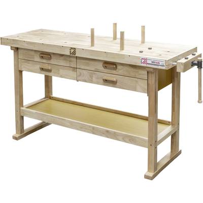 Holz-Werkbank mit zwei Schubladen, Schraubstock rechts und Holzdübeln auf der Arbeitsfläche. Ideal für handwerkliche Arbeiten.