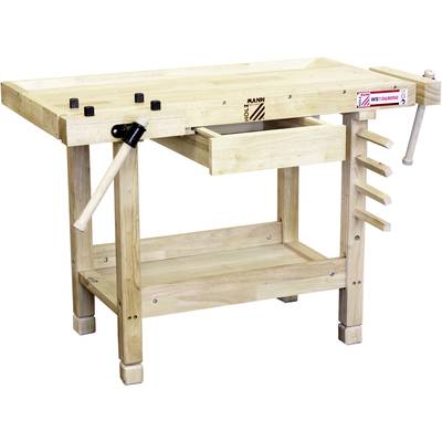 'Arbeitstisch aus Holz mit Schraubstock, Schublade und Ständern zum Einspannen von Werkstücken, auf einer weißen Hintergrund.'