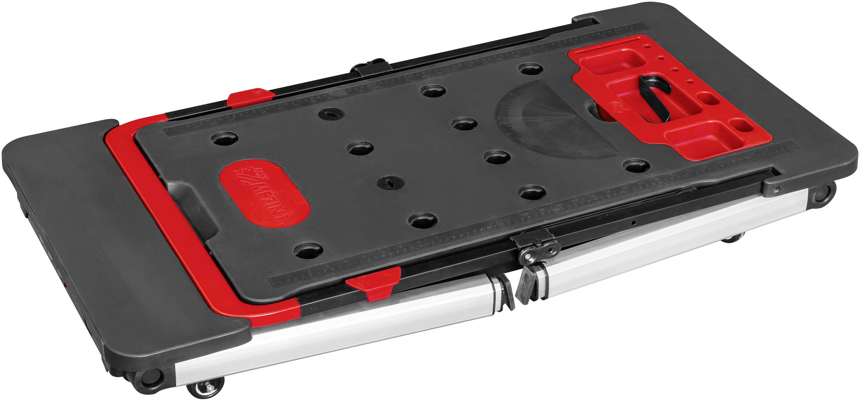 Multifunktionaler Mechaniker-Schlitten in Schwarz und Rot, mit Werkzeugablage und klappbar für einfache Lagerung und Mobilität.