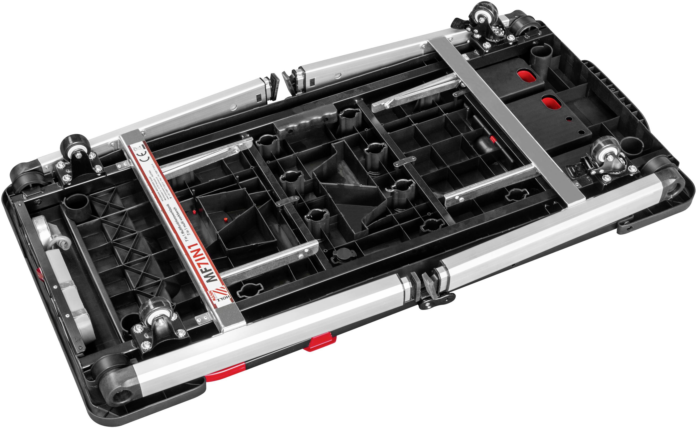 Schwarzer und silberner klappbarer Werkstattwagen in zusammengeklapptem Zustand. Robust, mit Rollen und Griffen. Geeignet für den Werkzeugtransport.