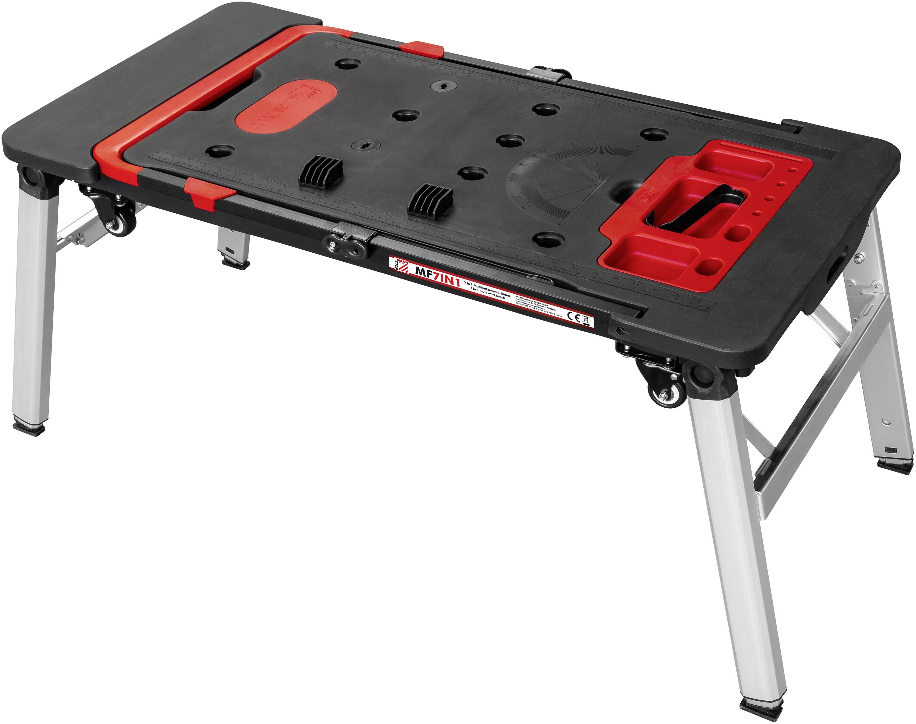 Kleiner, zusammenklappbarer Arbeitstisch mit schwarzer, rechteckiger Oberfläche, roten Akzenten und silbernen Beinen auf Rollen.