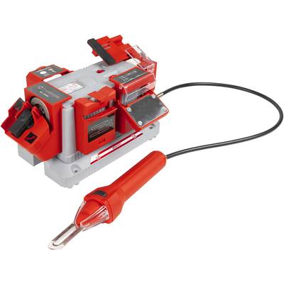 Eine rote und graue tragbare Elektrowerkzeugstation mit einem Kabel und einem Handgriff, geeignet für Reparaturarbeiten.