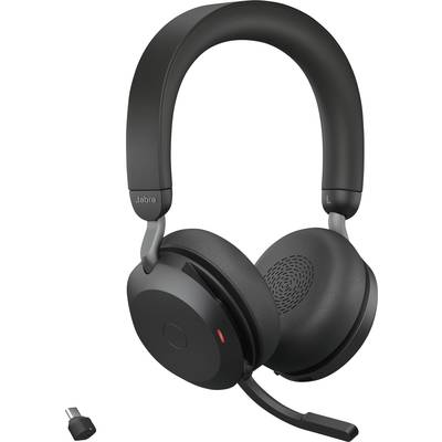 Schwarze Over-Ear-Kopfhörer mit Mikrofonarm und USB-Dongle, geeignet für drahtlose Kommunikation und Musik.