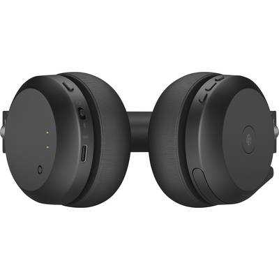 Schwarze Over-Ear-Kopfhörer in Nahaufnahme. Zeigen Bedienelemente und Anschlüsse an den Ohrmuscheln.