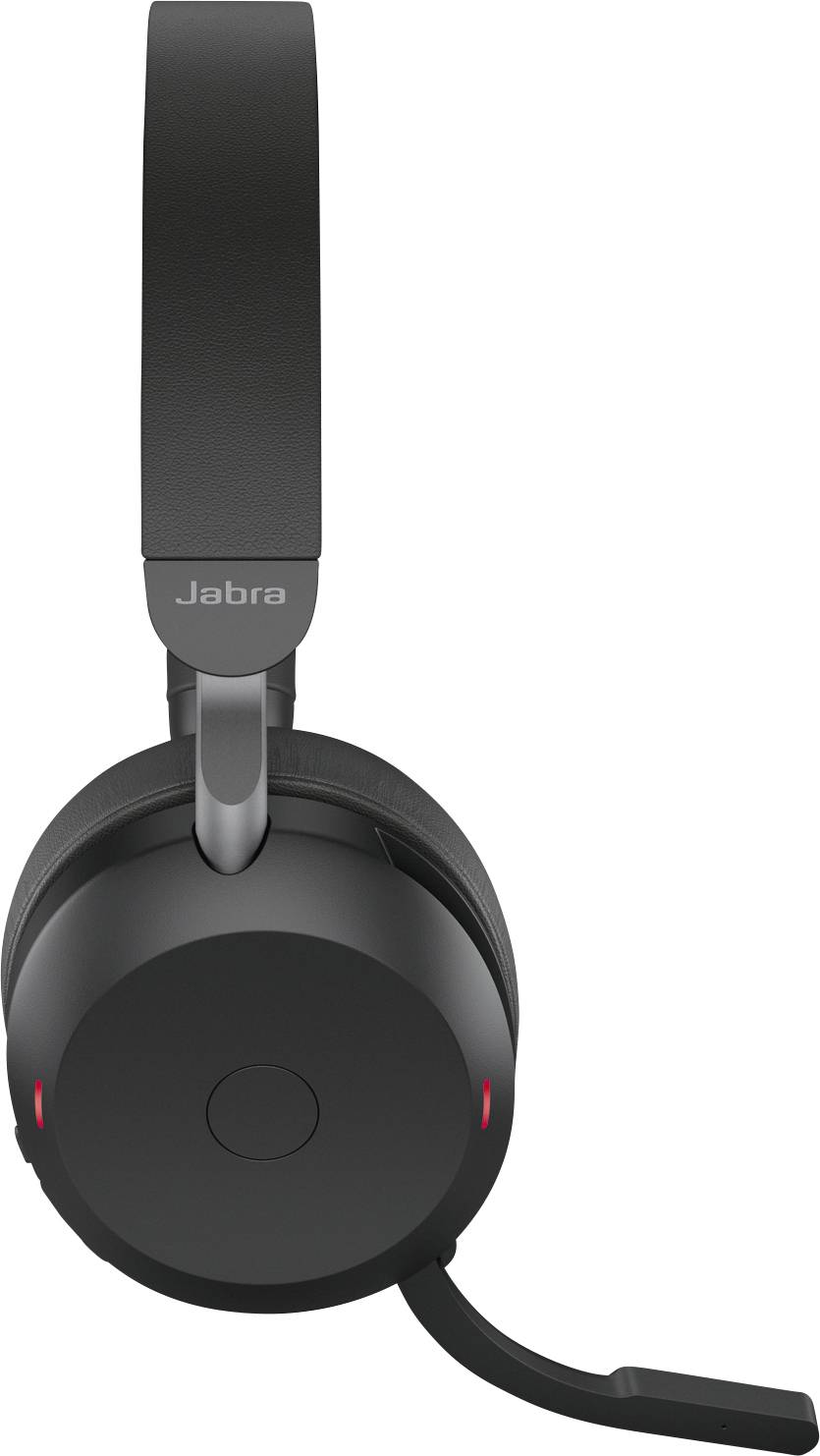 Schwarzes Over-Ear-Headset mit Mikrofonarm, Seitenansicht. Markenname 'Jabra' auf dem Bügel sichtbar.