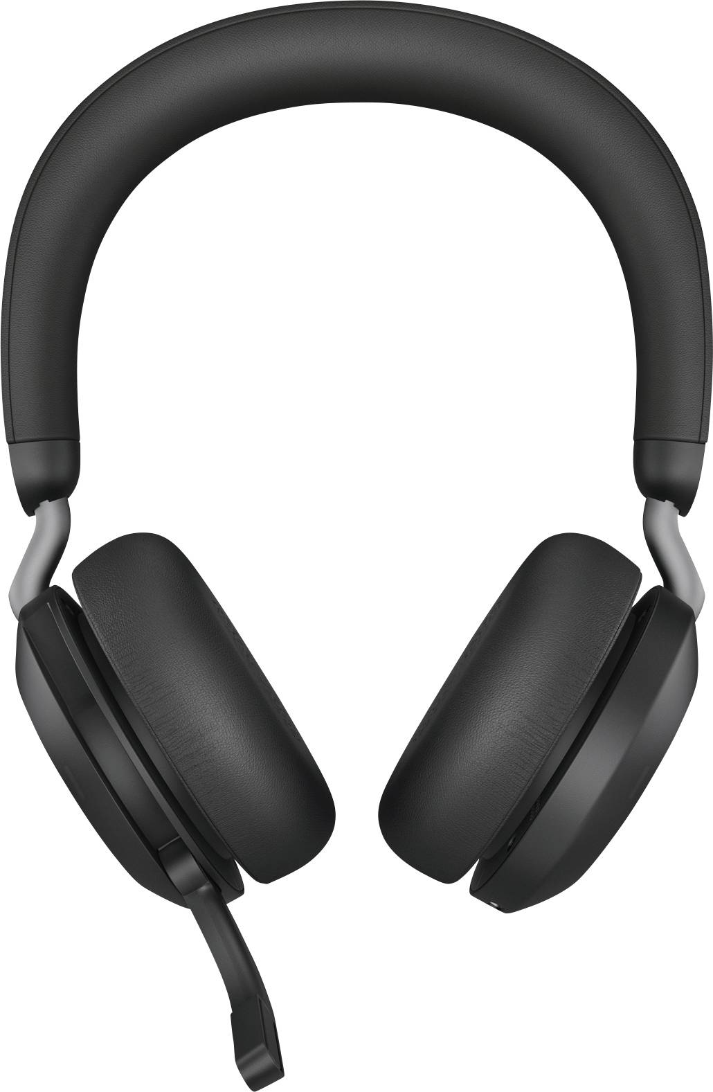 Schwarze Over-Ear-Kopfhörer aus Kunststoff und Leder, mit verstellbarem Bügel und integriertem Mikrofon, frontal abgebildet.