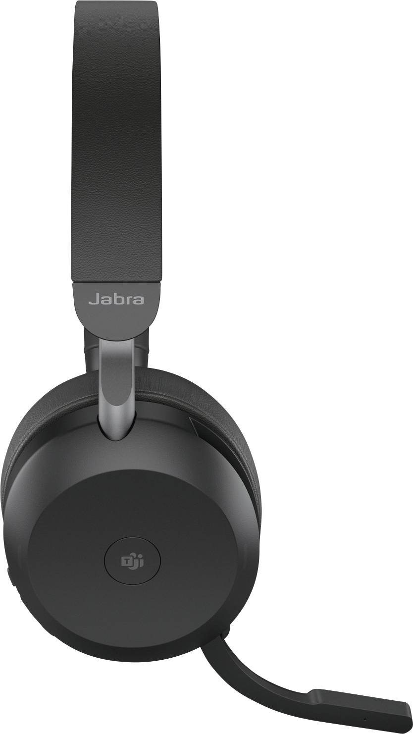 Ein schwarzes Headset mit Mikrofon und der Aufschrift 'Jabra'. Es ist seitlich abgebildet und zeigt das Design.