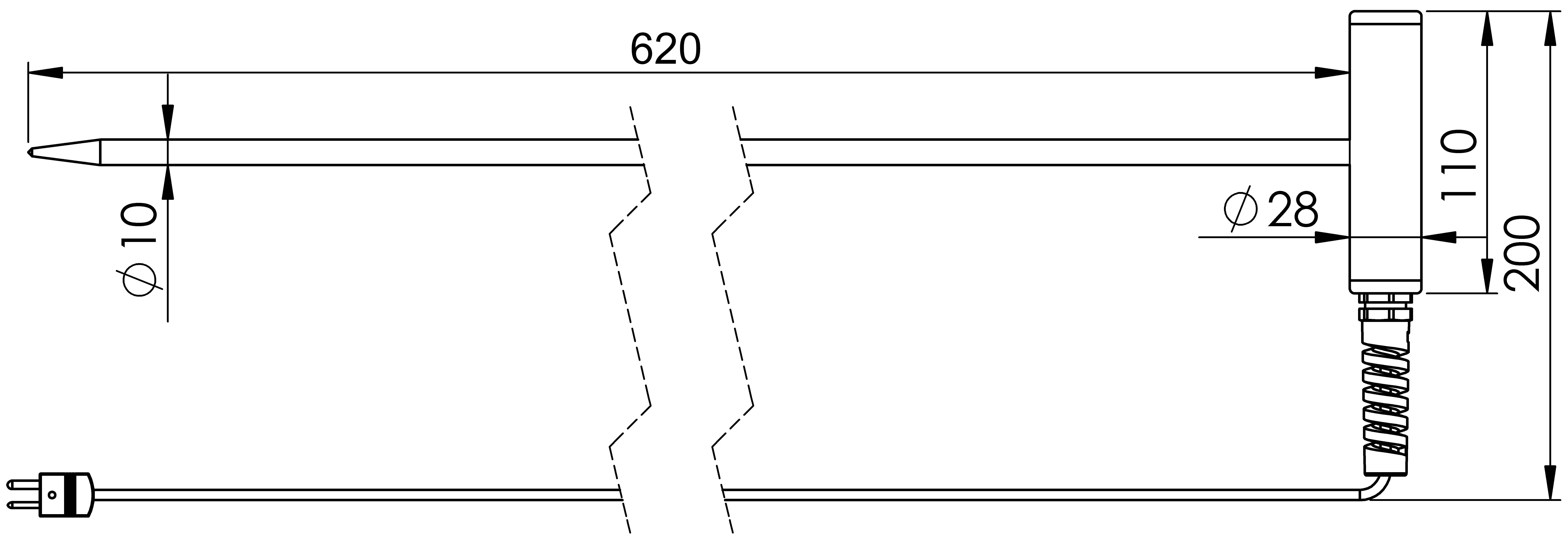 Seitenansicht einer Sonde mit Maßen: Länge 620 mm, Durchmesser 28 mm, Spitze 10 mm, Gesamtlänge 200 mm plus Kabelverbindung.