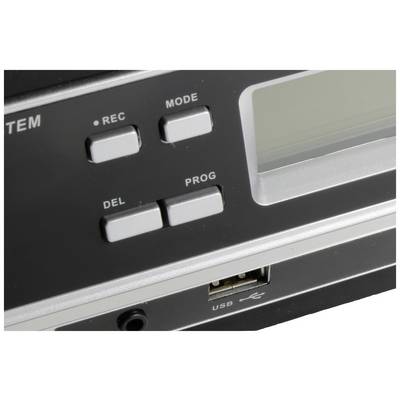 Nahaufnahme eines Geräts mit vier Tasten: 'REC', 'MODE', 'DEL' und 'PROG'. Unten ein USB-Anschluss. Bildschirm rechts sichtbar.