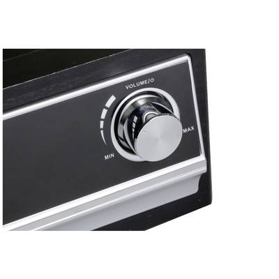Lautstärkeregler eines elektronischen Geräts mit Markierungen für 'Min' und 'Max'. Regler ist auf Minimum eingestellt.