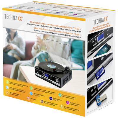 Technaxx Bluetooth-Plattenspieler und Kassettendigitalisierer TX-22+ zur Digitalisierung von Vinyl und Audiokassetten. Enthält Bluetooth-Funktion.