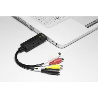 USB-Capture-Karte mit mehreren AV-Kabeln an einen Laptop angeschlossen. Übergänge analoge Signale in digitale Formate.