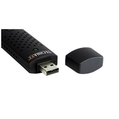 Schwarzer USB-Stick mit abgenommenem Deckel, zeigt den USB-Stecker. Aufschrift 'TECHNAXX'. Standard-Design, geeignet für PCs.
