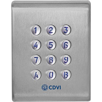 'CDVI'-Ziffernblock auf silberner Metallplatte mit Tasten von 1 bis 9 und den Buchstaben A und B.