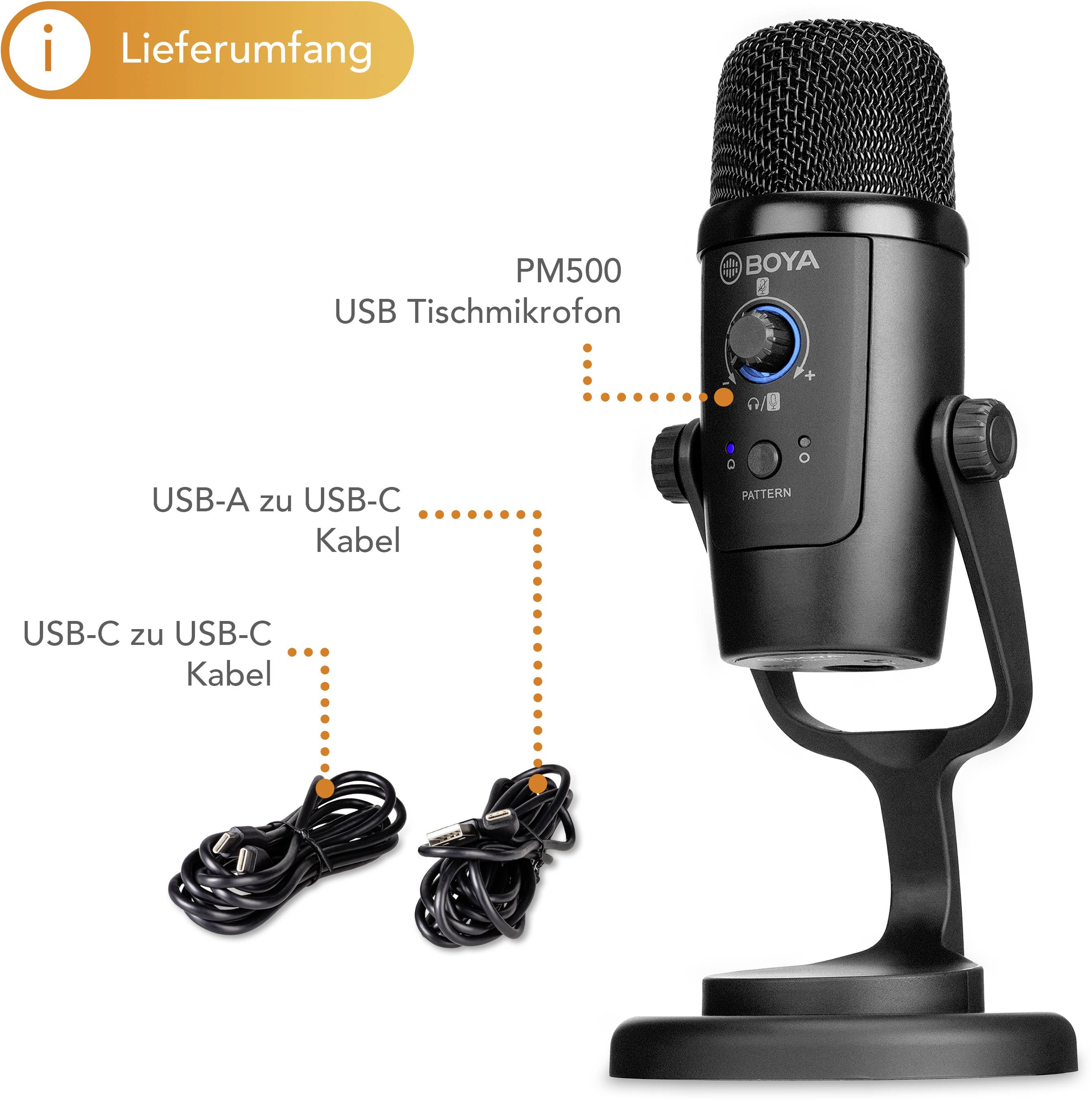 'Lieferumfang' zeigt ein schwarzes USB-Tischmikrofon, Modell PM500, mit zwei Kabeln: USB-A zu USB-C und USB-C zu USB-C.