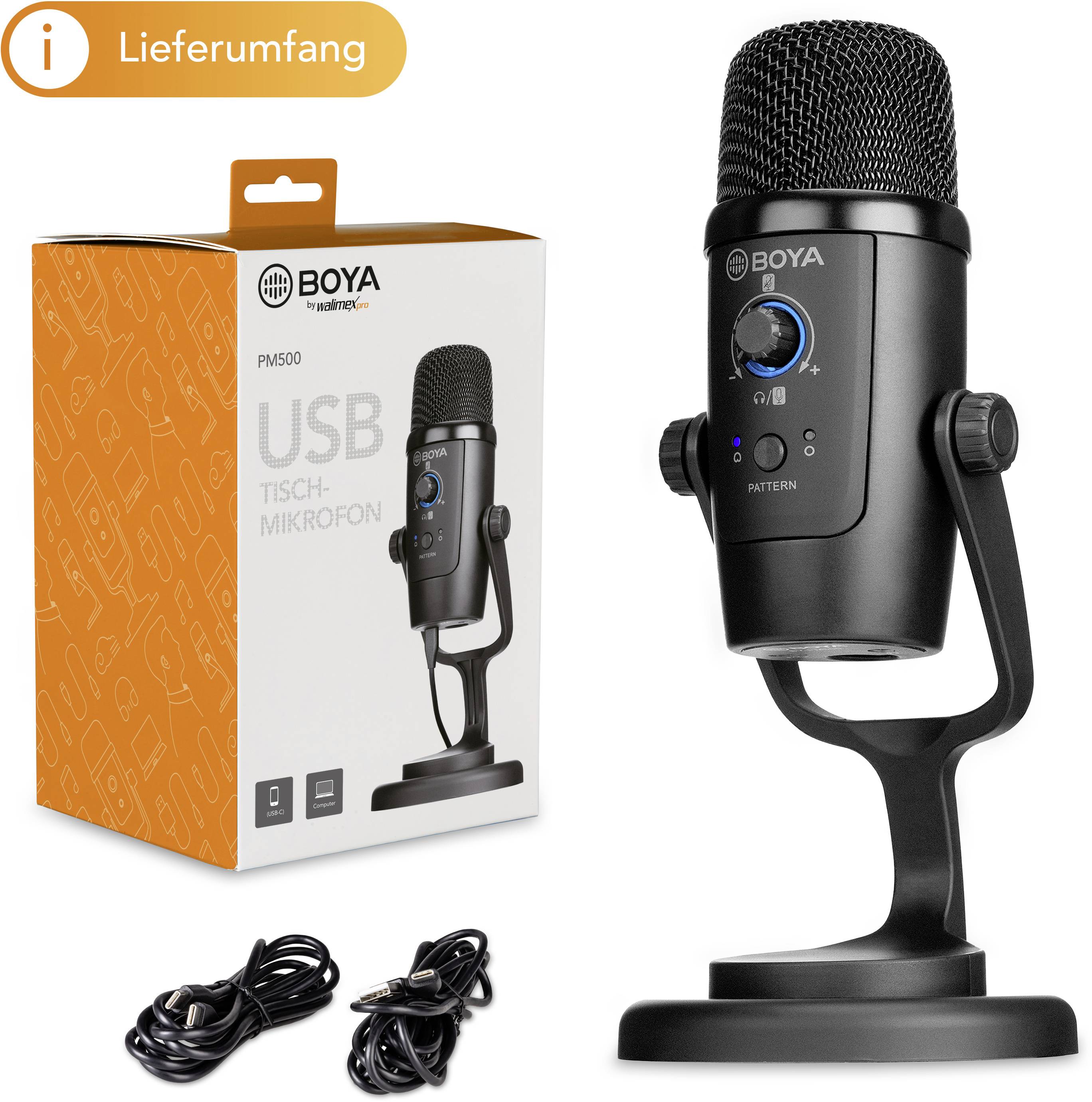 'USB Tisch-Mikrofon BOYA PM500' auf schwarzem Ständer mit Verpackung und Kabeln, ideal für Podcasts und Audioaufnahmen.