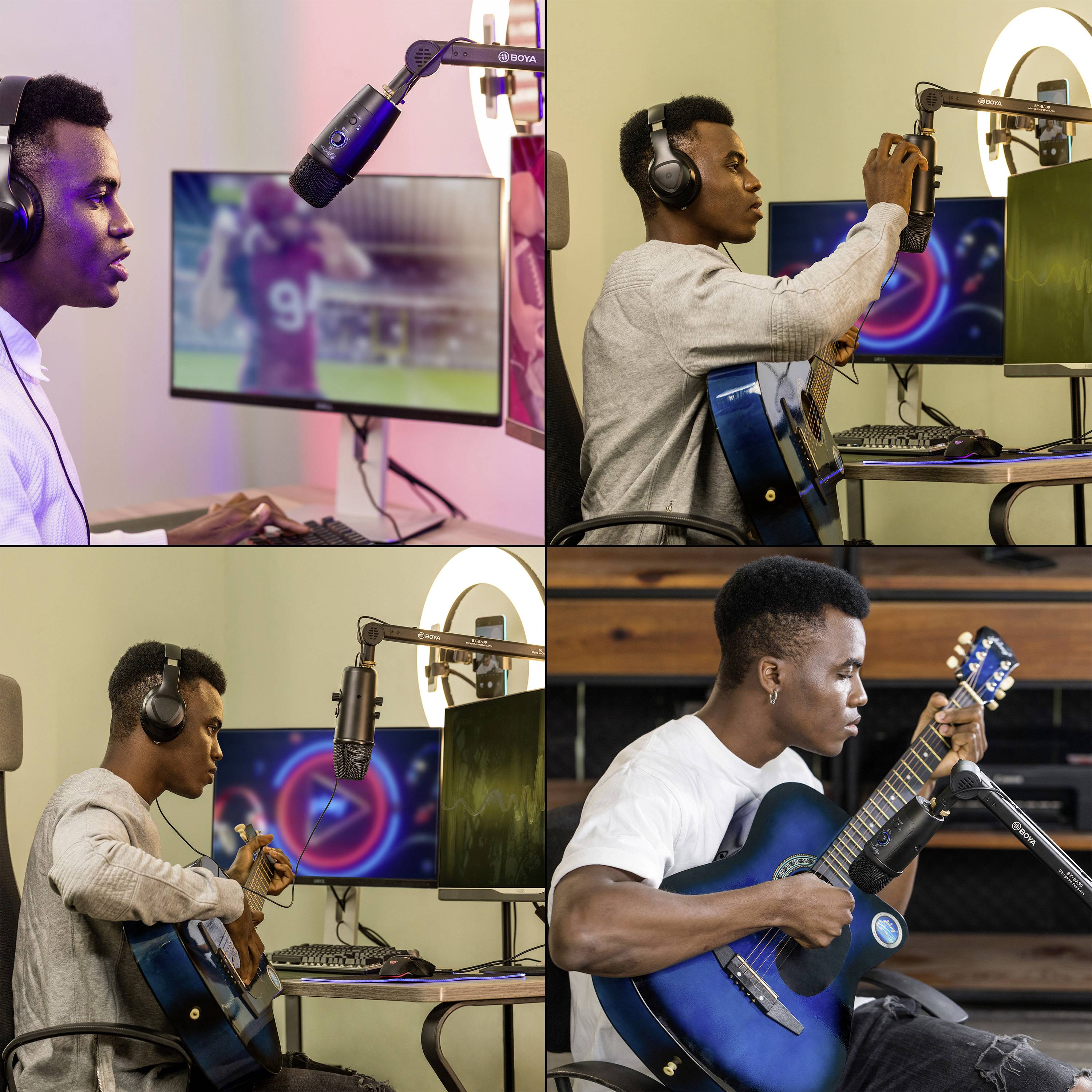 Vier Bilder eines Mannes beim Erstellen von Musik und Podcasts. Er trägt Kopfhörer, spielt Gitarre und verwendet Computer mit Mikrofon.