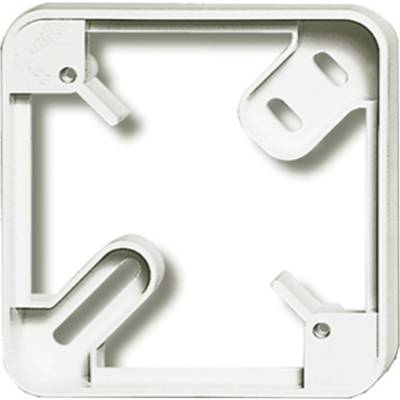 Weiße, quadratische Abdeckung aus Kunststoff mit Öffnungen und Clips zur Befestigung an einem Unterbau, typischerweise für Steckdosen.
