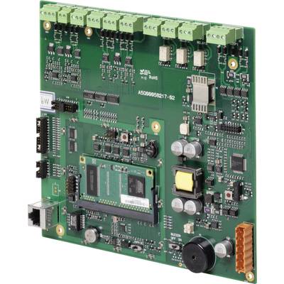 Eine grüne Leiterplatte mit verschiedenen elektronischen Bauteilen, einschließlich Chips, Kondensatoren und Anschlüssen, gezeigt.