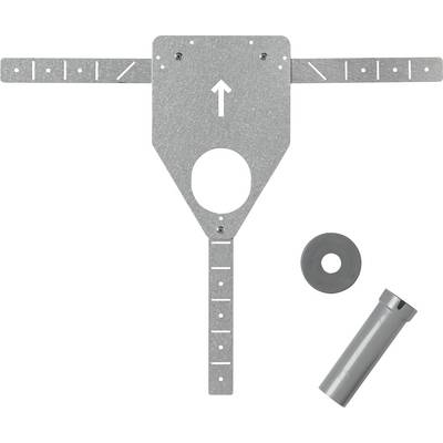 Metallbeschläge und Zubehör für Deckenmontage: Ein rechteckiges Metallteil mit Pfeil, ein grauer Zylinder und eine graue Scheibe.