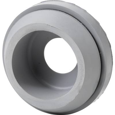 Grauer Gummipuffer mit kreisförmiger Öffnung, verwendet oft als Stoßdämpfer oder Isolator in mechanischen Anwendungen.