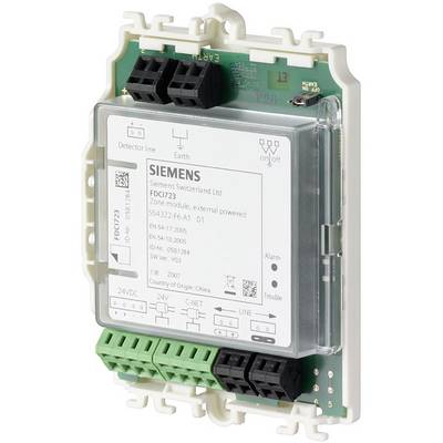 Ein Siemens-Brandschutzmodul FDCL223, montiert auf einer Trägerplatte, mit verkabelten Anschlüssen und einem beschrifteten Gehäuse.