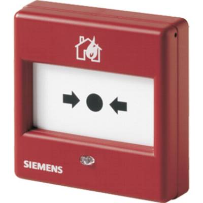 Roter Feuermelder mit Pfeilen und Punkt zur Aktivierung, Haus- und Flammensymbol oben, Markenname 'Siemens' unten.