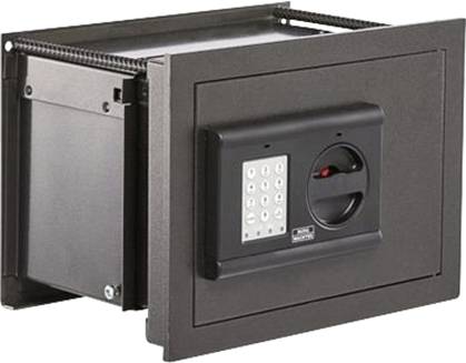 Ein rechteckiger Wandtresor mit elektronischem Tastenfeld und rundem Drehgriff.
