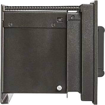 Ein schwarzer, quaderförmiger Metallgegenstand mit einer Schublade und Griffen an der Seite.