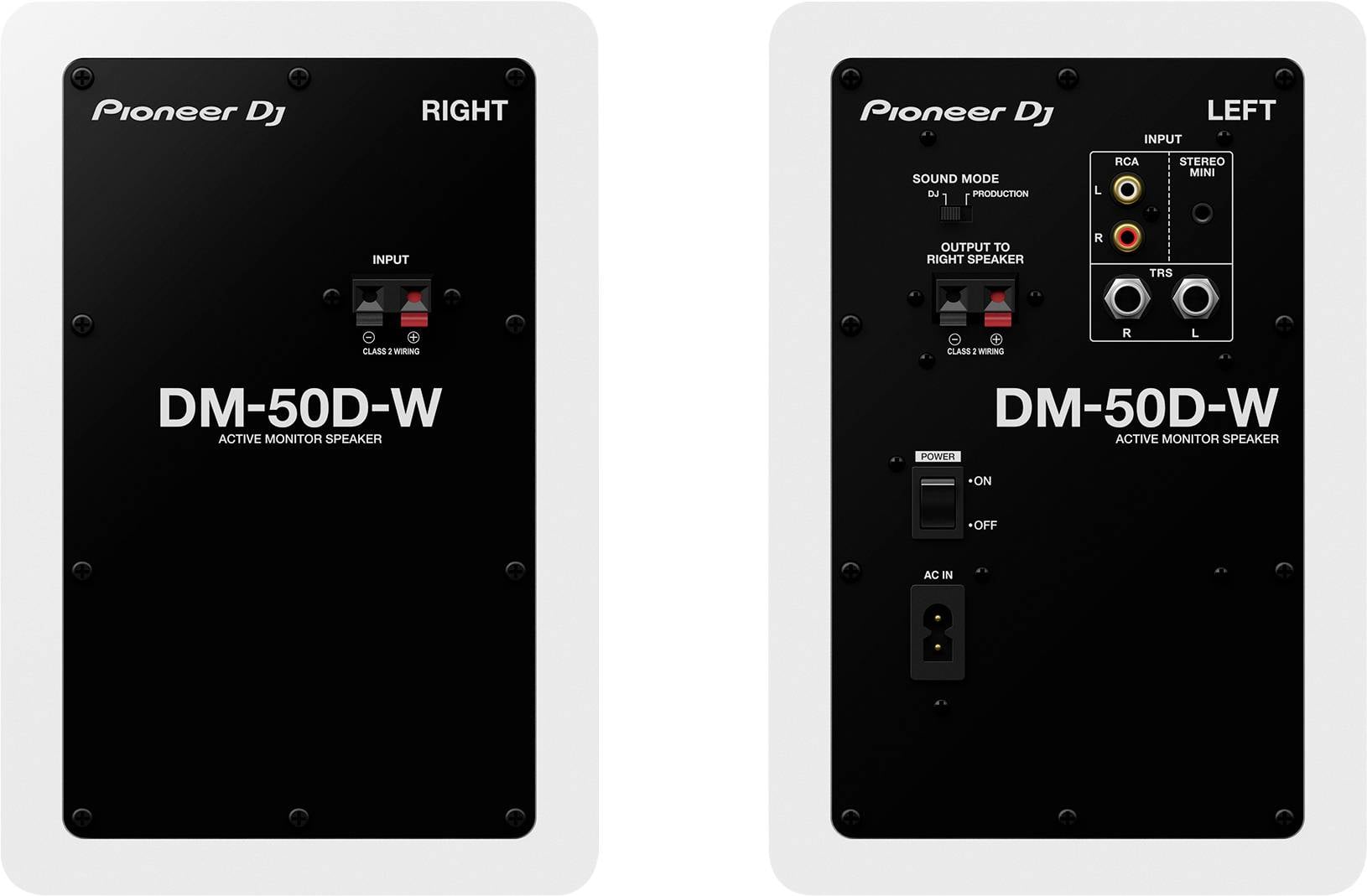 Die Abbildung zeigt die Rückseiten zweier Pioneer DM-50D-W Lautsprecher. Die rechte Box hat einen einzelnen Eingang, die linke enthält Inputs, Sound-Modus-Schalter und Stromanschluss.