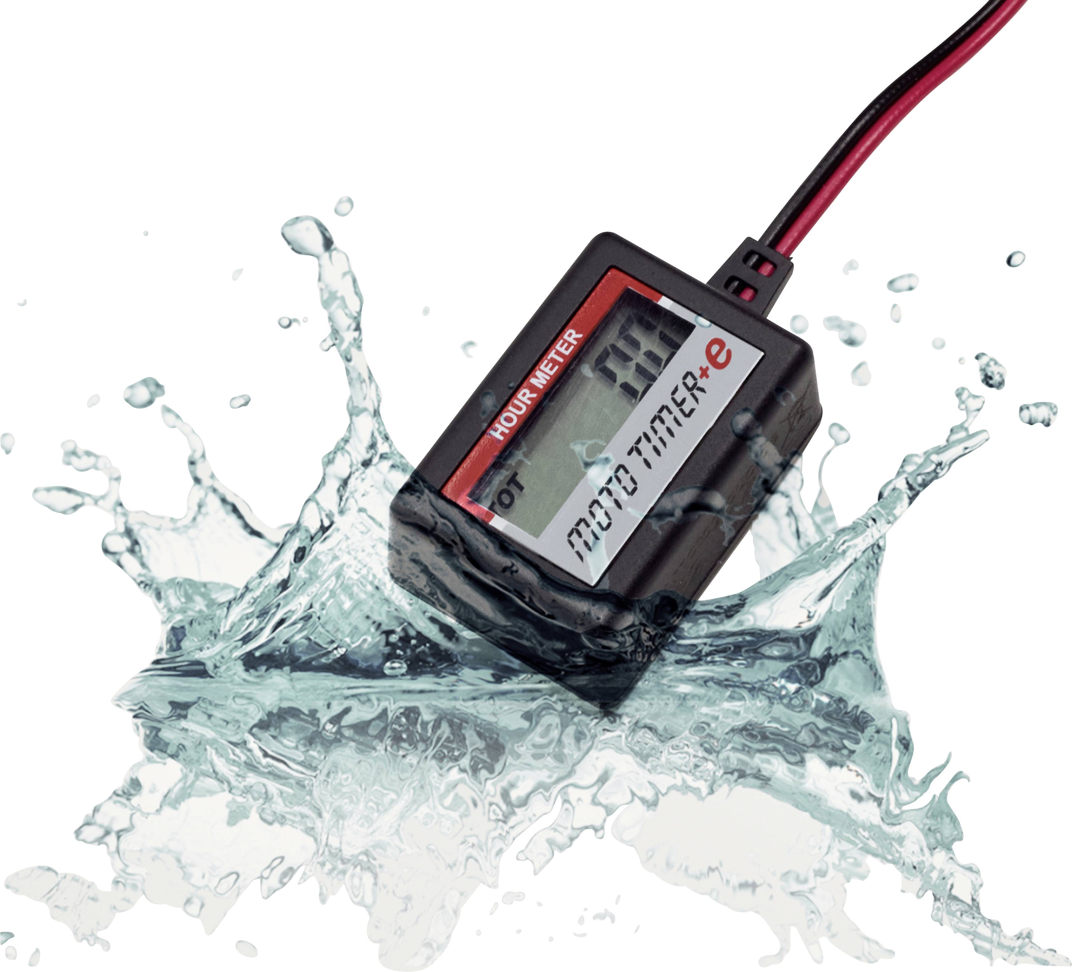 'Stundenzähler' in spritzendem Wasser, zeigt Robustheit und Wasserdichtigkeit des Geräts an.