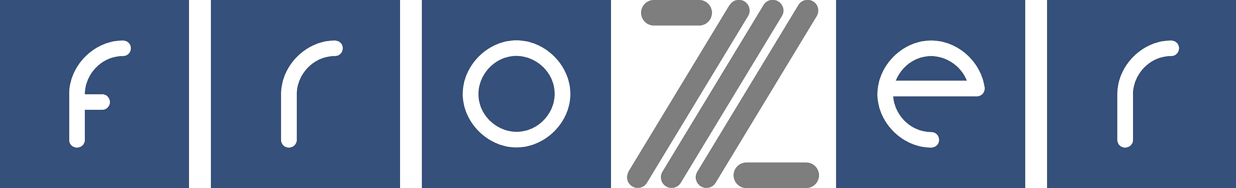 Logo mit dem Wort 'frozer' in Kleinbuchstaben, dessen 'z' stilisiert ist. Hintergrund in dunkelblau, Buchstaben weiß und grau.