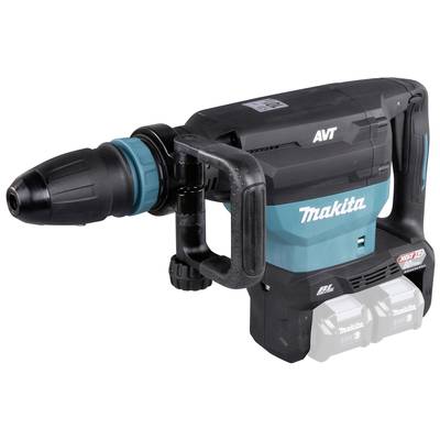Ein schwarzer und blauer Makita-Abbruchhammer mit zwei Akkus, Griff an der Seite und Bohrkopf links.