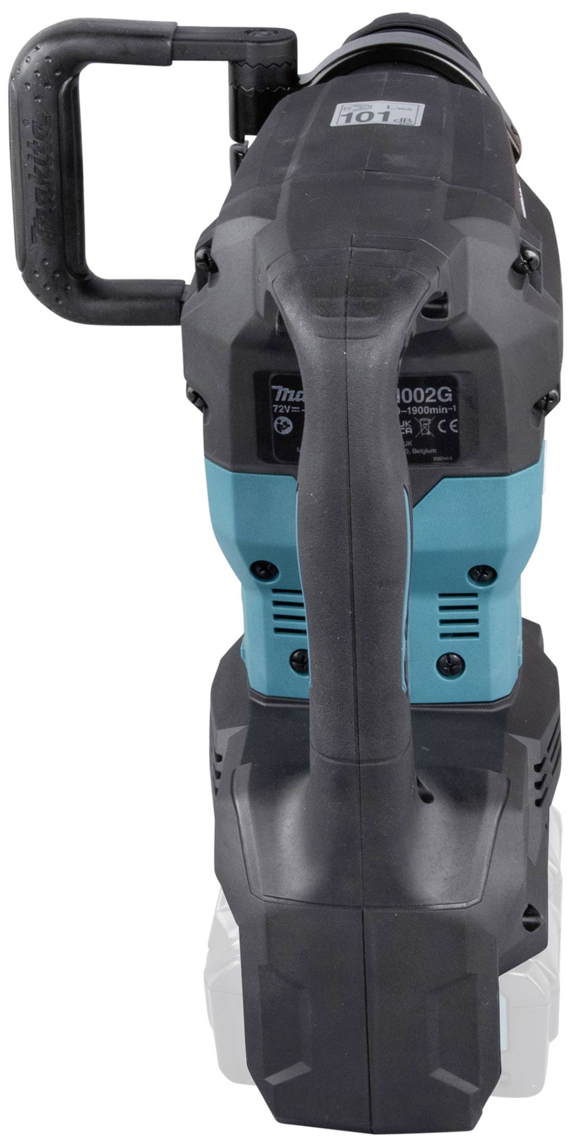 Ein Bohrhammer mit einem schwarzen Griff, blauem Gehäuse und Markenlogo.