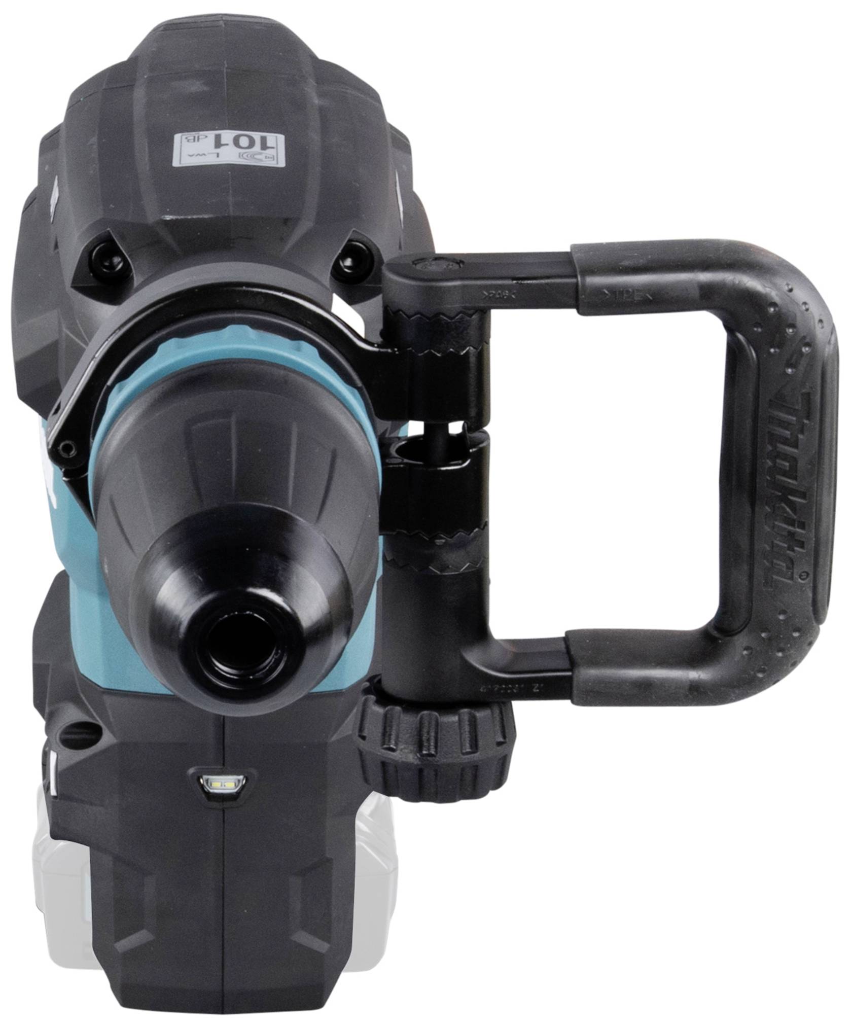 Vorderansicht eines Elektrowerkzeugs mit schwarzem Handgriff und grünem Körper. Werkzeug dient zum Hämmern oder Bohren.