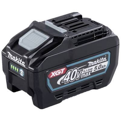Schwarzer Akkupack der Marke Makita, Modell XGT 40V max, Lithium-Ionen 5,0 Ah. Zeigt Ladeanzeige mit vier leuchtenden Balken.