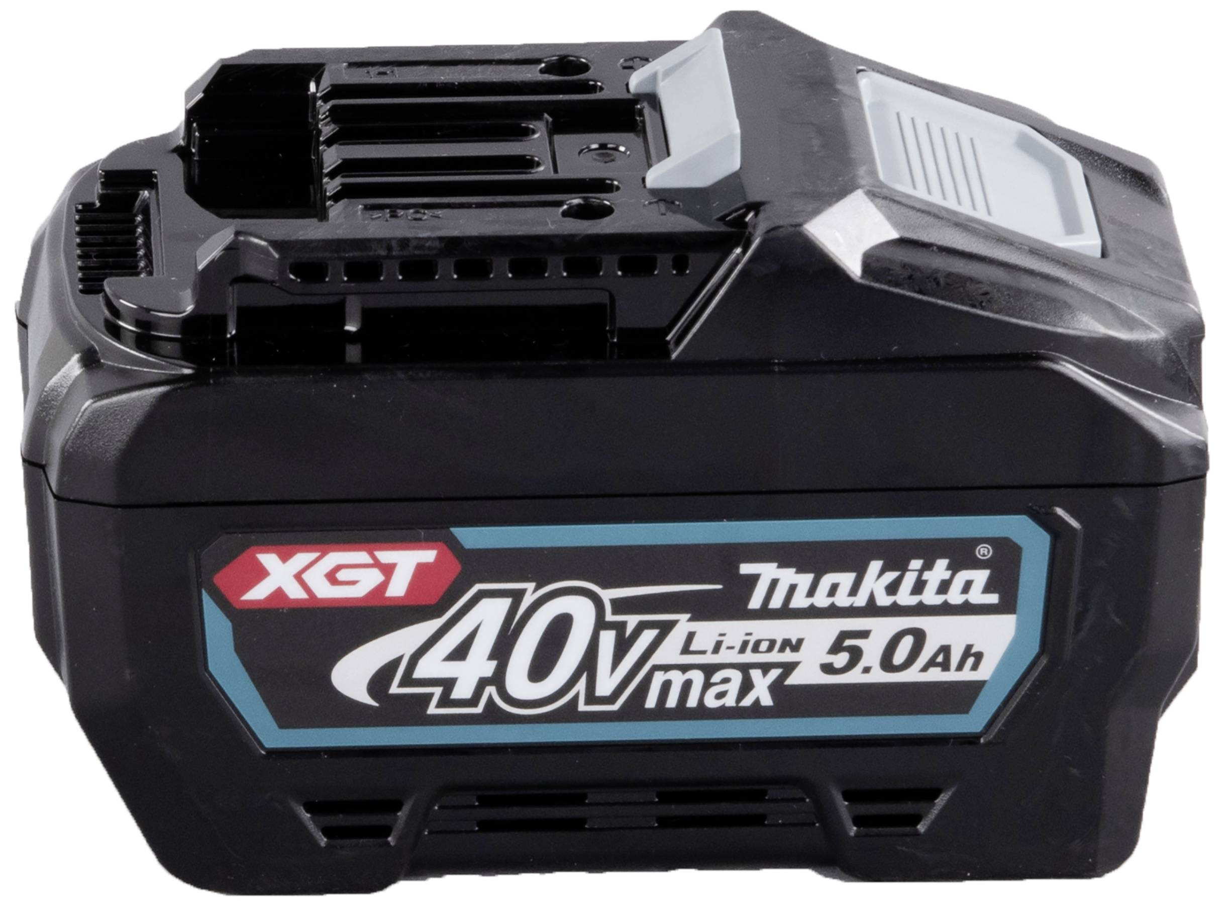 Schwarzer Makita 40V Lithium-Ionen-Akku mit 5.0Ah Kapazität.