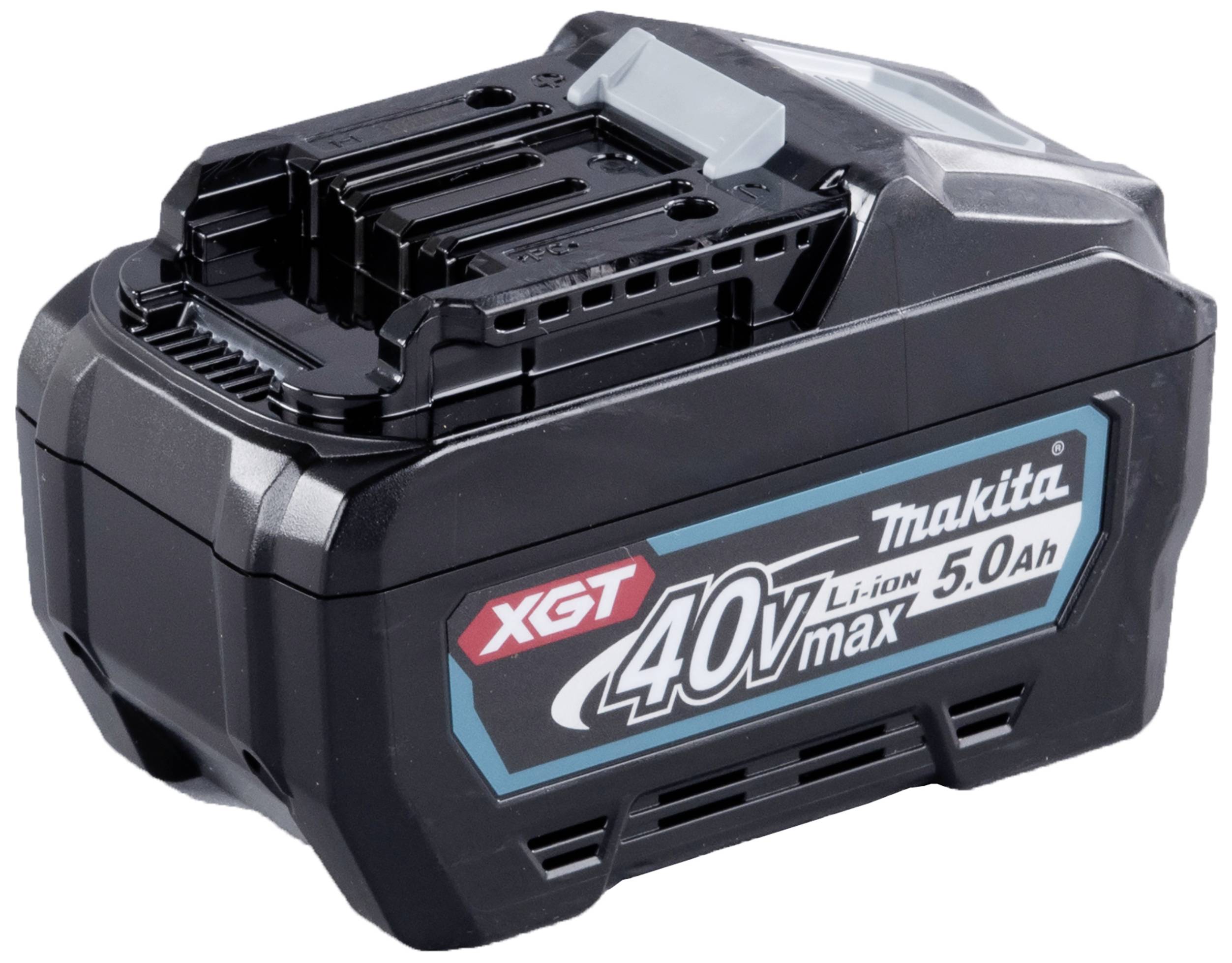 Wiederaufladbarer Akku von Makita, Modell XGT 40V max mit 5,0 Ah Kapazität. Schwarzes Gehäuse mit Produktaufkleber.