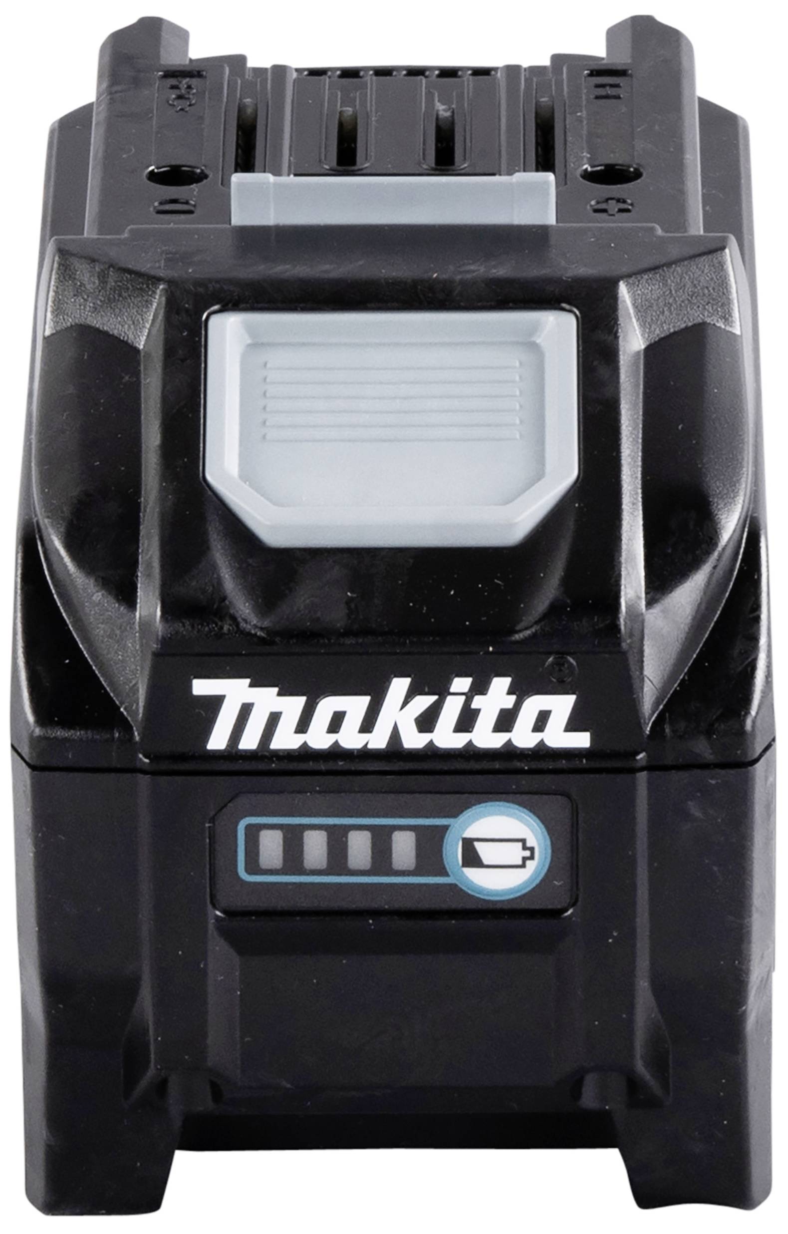 Ein schwarzer Makita Akku mit Ladeanzeige und Logo.